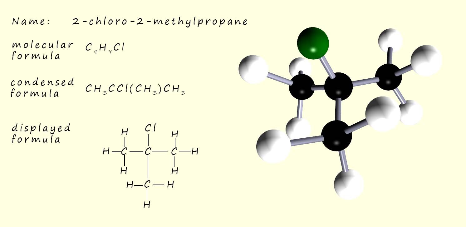 3d model, displayed formula, molecular formula of a tertiary example of a tertiary halogenalkane molecule.